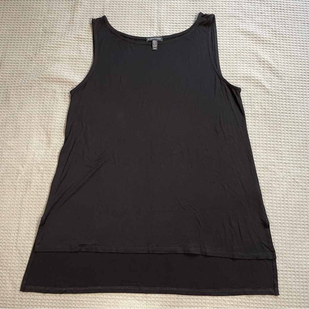 Eileen Fisher Sleeveless Tank Top Blouse Medium Hi Low Stretch Black Minimalist